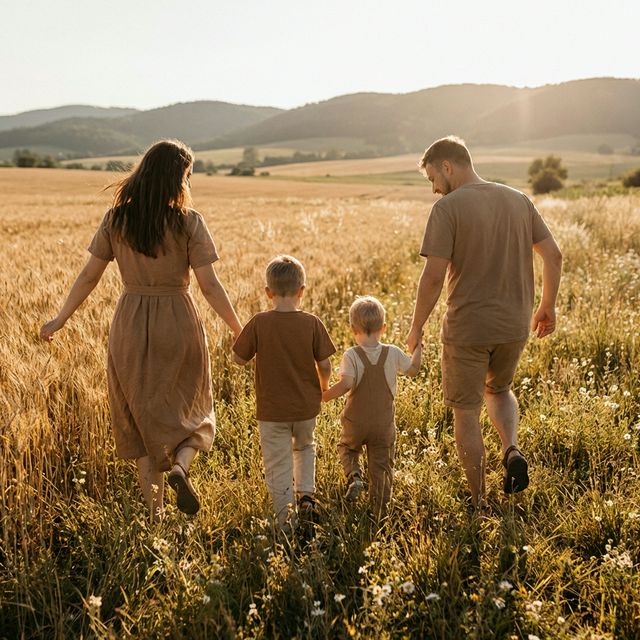 Happy family running in a field, symbolizing financial freedom